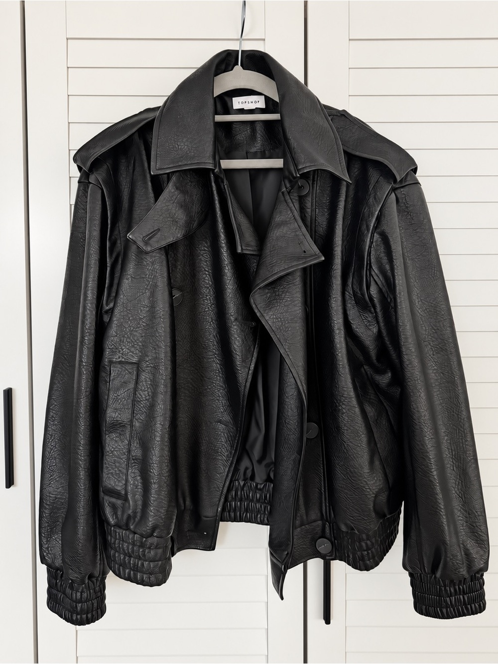Topshop oversized bubble faux leather bomber jacket in black